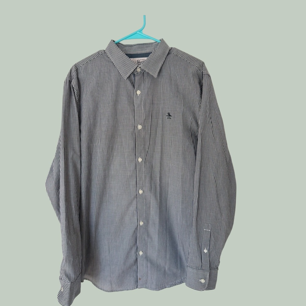 Original Penguin Mens Navy Blue Gingham Micro Check Long Sleeve Button Down L